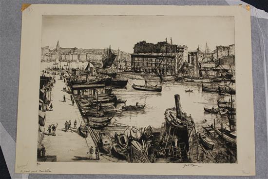 Job Nixon (1891-1938),3 engravings, Les Lavoirs, Vannes, Dieppe Harbour and Repair Yard, Marseilles